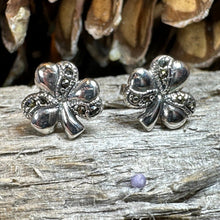 Load image into Gallery viewer, Shamrock Earrings, Celtic Jewelry, Irish Jewelry, Clover Jewelry, Anniversary Gift, Ireland Gift, Graduation Gift, Wife Gift, Marcasite