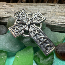 Load image into Gallery viewer, Celtic Cross Brooch, Silver Cross Pin, Scottish Jewelry, Dove of Peace, Mom Gift, Anniversary Gift, Religious Jewelry, Trinity Knot Brooch