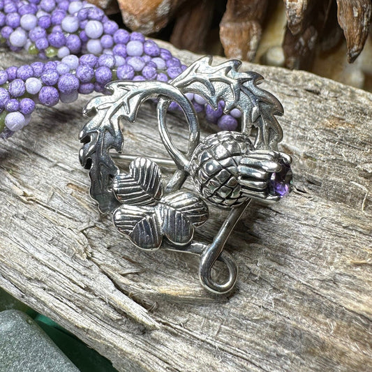 Thistle Brooch, Scotland Jewelry, Irish Shamrock Pin, Amethyst Brooch, Thistle Jewelry, Scottish Jewelry, Celtic Brooch, Ireland Brooch
