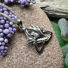 Load image into Gallery viewer, Thistle Necklace, Trinity Knot Pendant, Scottish Jewelry, Celtic Knot Jewelry, Triquetra Jewelry, Silver Scotland Jewelry, Anniversary Gift