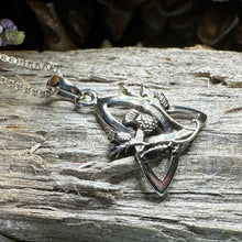 Load image into Gallery viewer, Thistle Necklace, Trinity Knot Pendant, Scottish Jewelry, Celtic Knot Jewelry, Triquetra Jewelry, Silver Scotland Jewelry, Anniversary Gift