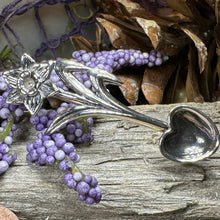 Load image into Gallery viewer, Daffodil Love Spoon Brooch, Celtic Pin, Wales Jewelry, Welsh Pin, Bridal Jewelry, Anniversary Gift, Heart Jewelry, Silver Spoon Wife Gift
