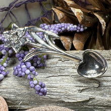 Load image into Gallery viewer, Daffodil Love Spoon Brooch, Celtic Pin, Wales Jewelry, Welsh Pin, Bridal Jewelry, Anniversary Gift, Heart Jewelry, Silver Spoon Wife Gift