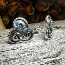 Load image into Gallery viewer, Celtic Spiral Stud Earrings, Irish Jewelry, Celtic Jewelry, Anniversary Gift, Triskele Jewelry, Norse Jewelry, Silver Post Earrings, Ireland