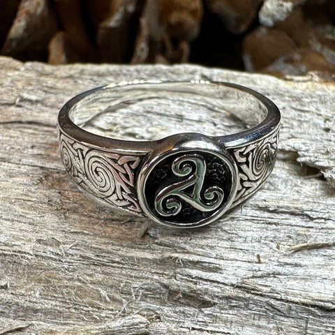 Load image into Gallery viewer, Triple Spiral Ring, Celtic Ring, Irish Jewelry, Celtic Knot Jewelry, Irish Ring, Irish Dance Gift, Celtic Spiral, Pagan Ring, Wiccan Ring