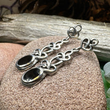 Load image into Gallery viewer, Celtic Knot Earrings, Silver Post Earrings, Irish Jewelry, Scottish Drop Earrings, Silver Ireland Gift, Mother of Pearl, Onyx Jewelry