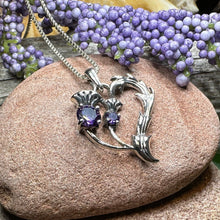 Load image into Gallery viewer, Amethyst Thistle Necklace, Thistle Jewelry, Scotland Jewelry, Celtic Necklace, Flower Necklace, Bridal Jewelry, Amethyst Pendant, Outlander
