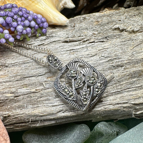 Load image into Gallery viewer, Thistle Necklace, Scotland Jewelry, Marcasite Pendant, Silver Scotland Jewelry, Mom Gift, Graduation Gift, Celtic Jewelry, Nature Necklace