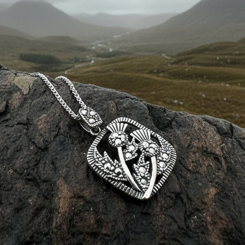 Load image into Gallery viewer, Thistle Necklace, Scotland Jewelry, Marcasite Pendant, Silver Scotland Jewelry, Mom Gift, Graduation Gift, Celtic Jewelry, Nature Necklace