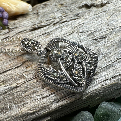 Load image into Gallery viewer, Thistle Necklace, Scotland Jewelry, Marcasite Pendant, Silver Scotland Jewelry, Mom Gift, Graduation Gift, Celtic Jewelry, Nature Necklace