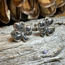 Load image into Gallery viewer, Shamrock Earrings, Celtic Jewelry, Irish Jewelry, Clover Jewelry, Anniversary Gift, Ireland Gift, Graduation Gift, Wife Gift, Marcasite
