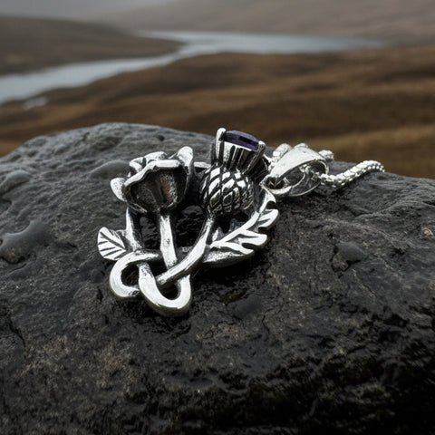 Load image into Gallery viewer, Thistle Necklace, Rose Pendant, Amethyst Scottish Jewelry, Celtic Necklace, Flower Necklace, Bridal Jewelry, Scotland Pendant, Outlander