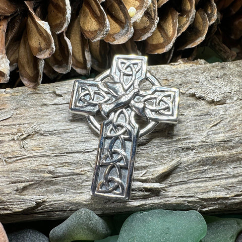 Load image into Gallery viewer, Celtic Cross Brooch, Silver Cross Pin, Scottish Jewelry, Dove of Peace, Mom Gift, Anniversary Gift, Religious Jewelry, Trinity Knot Brooch