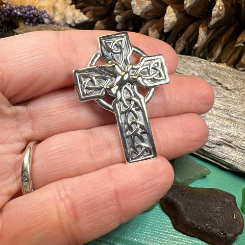 Load image into Gallery viewer, Celtic Cross Brooch, Silver Cross Pin, Scottish Jewelry, Dove of Peace, Mom Gift, Anniversary Gift, Religious Jewelry, Trinity Knot Brooch