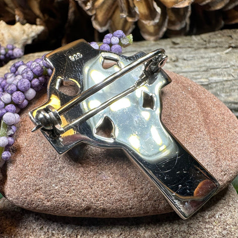 Load image into Gallery viewer, Celtic Cross Brooch, Silver Cross Pin, Scottish Jewelry, Dove of Peace, Mom Gift, Anniversary Gift, Religious Jewelry, Trinity Knot Brooch