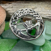 Load image into Gallery viewer, Claddagh Brooch, Irish Pin, Emerald Ireland Brooch, Silver Bride Pin, Claddagh Pin, Celtic Jewelry, Claddagh Pin, Celtic Pin, Gift for Her