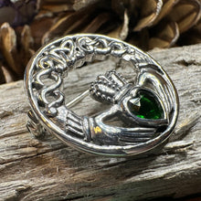 Load image into Gallery viewer, Claddagh Brooch, Irish Pin, Emerald Ireland Brooch, Silver Bride Pin, Claddagh Pin, Celtic Jewelry, Claddagh Pin, Celtic Pin, Gift for Her