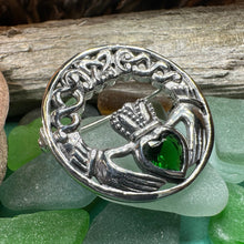 Load image into Gallery viewer, Claddagh Brooch, Irish Pin, Emerald Ireland Brooch, Silver Bride Pin, Claddagh Pin, Celtic Jewelry, Claddagh Pin, Celtic Pin, Gift for Her