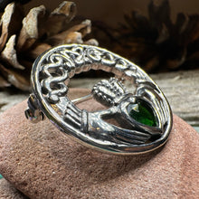 Load image into Gallery viewer, Claddagh Brooch, Irish Pin, Emerald Ireland Brooch, Silver Bride Pin, Claddagh Pin, Celtic Jewelry, Claddagh Pin, Celtic Pin, Gift for Her