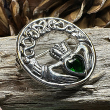 Load image into Gallery viewer, Claddagh Brooch, Irish Pin, Emerald Ireland Brooch, Silver Bride Pin, Claddagh Pin, Celtic Jewelry, Claddagh Pin, Celtic Pin, Gift for Her