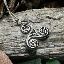 Load image into Gallery viewer, Triple Spiral Necklace, Celtic Jewelry, Irish Pendant, Celtic Spiral Pendant, Norse Jewelry, Sterling Silver, Pagan Jewelry, Scottish Gift
