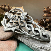 Load image into Gallery viewer, Thistle Kilt Pin, Scottish Pin, Celtic Knot Jewelry, Scotland Jewelry, Celtic Brooch, Men's Tartan Pin, Groom Gift, Dad Gift, Bagpiper Gift