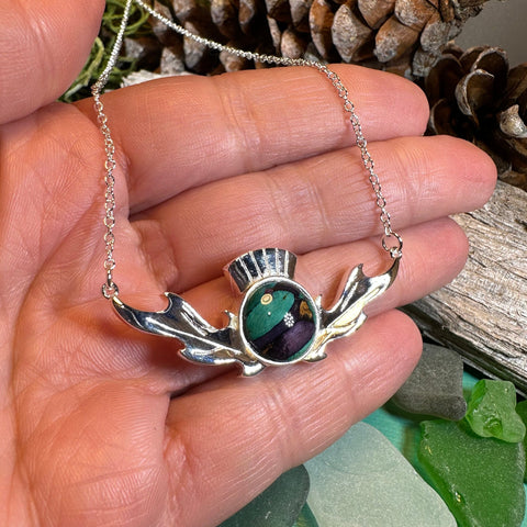 Load image into Gallery viewer, Thistle Necklace, Scotland Jewelry, Heather Gem, Celtic Necklace, Nature Jewelry, Outlander Jewelry, Wiccan Necklace, Anniversary Gift