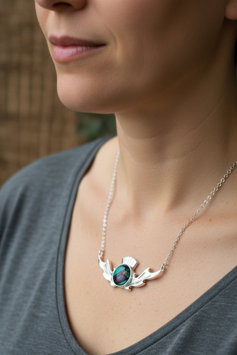 Load image into Gallery viewer, Thistle Necklace, Scotland Jewelry, Heather Gem, Celtic Necklace, Nature Jewelry, Outlander Jewelry, Wiccan Necklace, Anniversary Gift