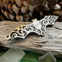 Load image into Gallery viewer, Gothic Bat Brooch, Celtic Pin, Pewter Bat Pin, Victorian Brooch, Friendship Gift, Halloween Gift, Witch Jewelry, Animal Brooch, EA Poe Gift
