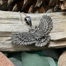 Load image into Gallery viewer, Owl Necklace, Flying Owl Pendant, Nature Jewelry, Bird Necklace, Bird Lover Gift, Silver Owl Gift, Woodland Jewelry, Irish Jewelry, Mom Gift