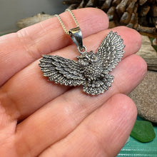 Load image into Gallery viewer, Owl Necklace, Flying Owl Pendant, Nature Jewelry, Bird Necklace, Bird Lover Gift, Silver Owl Gift, Woodland Jewelry, Irish Jewelry, Mom Gift