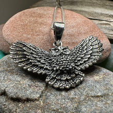 Load image into Gallery viewer, Owl Necklace, Flying Owl Pendant, Nature Jewelry, Bird Necklace, Bird Lover Gift, Silver Owl Gift, Woodland Jewelry, Irish Jewelry, Mom Gift
