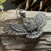 Load image into Gallery viewer, Owl Necklace, Flying Owl Pendant, Nature Jewelry, Bird Necklace, Bird Lover Gift, Silver Owl Gift, Woodland Jewelry, Irish Jewelry, Mom Gift