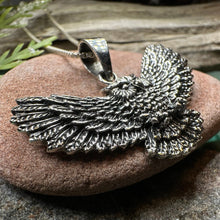 Load image into Gallery viewer, Owl Necklace, Flying Owl Pendant, Nature Jewelry, Bird Necklace, Bird Lover Gift, Silver Owl Gift, Woodland Jewelry, Irish Jewelry, Mom Gift