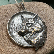 Load image into Gallery viewer, Wolf Necklace, Crescent Moon Jewelry, Norse Jewelry, Pagan Jewelry, Viking Jewelry, Celtic Knot Pendant, Animal Jewelry, Direwolf Jewelry