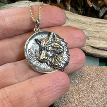 Load image into Gallery viewer, Wolf Necklace, Crescent Moon Jewelry, Norse Jewelry, Pagan Jewelry, Viking Jewelry, Celtic Knot Pendant, Animal Jewelry, Direwolf Jewelry
