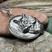 Load image into Gallery viewer, Wolf Necklace, Crescent Moon Jewelry, Norse Jewelry, Pagan Jewelry, Viking Jewelry, Celtic Knot Pendant, Animal Jewelry, Direwolf Jewelry