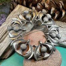 Load image into Gallery viewer, Thistle Brooch, Celtic Pin, Scottish Jewelry, Mom Gift, Large Celtic Brooch, Fly Plaid Pin, Wife Gift, Scotland Pin, Pewter Pin, Tartan Pin