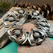 Load image into Gallery viewer, Thistle Brooch, Celtic Pin, Scottish Jewelry, Mom Gift, Large Celtic Brooch, Fly Plaid Pin, Wife Gift, Scotland Pin, Pewter Pin, Tartan Pin