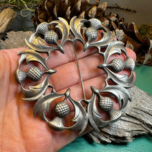 Load image into Gallery viewer, Thistle Brooch, Celtic Pin, Scottish Jewelry, Mom Gift, Large Celtic Brooch, Fly Plaid Pin, Wife Gift, Scotland Pin, Pewter Pin, Tartan Pin