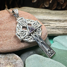 Load image into Gallery viewer, Celtic Cross Necklace, Scottish Pendant, Ireland Cross, Irish Jewelry, Large Celtic Cross, Religious Jewelry, Silver Cross Pendant, Garnet