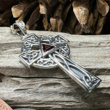 Load image into Gallery viewer, Celtic Cross Necklace, Scottish Pendant, Ireland Cross, Irish Jewelry, Large Celtic Cross, Religious Jewelry, Silver Cross Pendant, Garnet