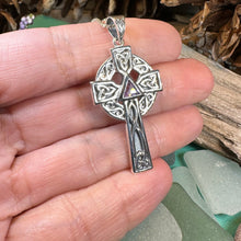 Load image into Gallery viewer, Celtic Cross Necklace, Scottish Pendant, Ireland Cross, Irish Jewelry, Large Celtic Cross, Religious Jewelry, Silver Cross Pendant, Garnet