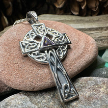 Load image into Gallery viewer, Celtic Cross Necklace, Scottish Pendant, Ireland Cross, Irish Jewelry, Large Celtic Cross, Religious Jewelry, Silver Cross Pendant, Garnet