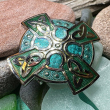 Load image into Gallery viewer, Celtic Cross Brooch, Cross Jewelry, Celtic Brooch, First Communion Gift, Green Enamel Pin, Irish Cross Jewelry, Cross Pin, Religious Jewelry