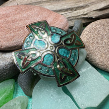 Load image into Gallery viewer, Celtic Cross Brooch, Cross Jewelry, Celtic Brooch, First Communion Gift, Green Enamel Pin, Irish Cross Jewelry, Cross Pin, Religious Jewelry