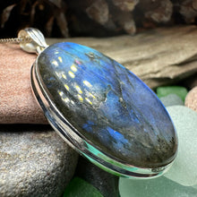 Load image into Gallery viewer, Celtic Night Necklace, Blue Labradorite Pendant, Celtic Jewelry, Anniversary Gift, Silver Wiccan Jewelry, Mom Gift, Large Oval Pendant