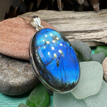 Load image into Gallery viewer, Celtic Night Necklace, Blue Labradorite Pendant, Celtic Jewelry, Anniversary Gift, Silver Wiccan Jewelry, Mom Gift, Large Oval Pendant