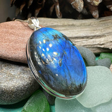 Load image into Gallery viewer, Celtic Night Necklace, Blue Labradorite Pendant, Celtic Jewelry, Anniversary Gift, Silver Wiccan Jewelry, Mom Gift, Large Oval Pendant