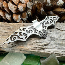 Load image into Gallery viewer, Gothic Bat Brooch, Celtic Pin, Pewter Bat Pin, Victorian Brooch, Friendship Gift, Halloween Gift, Witch Jewelry, Animal Brooch, EA Poe Gift